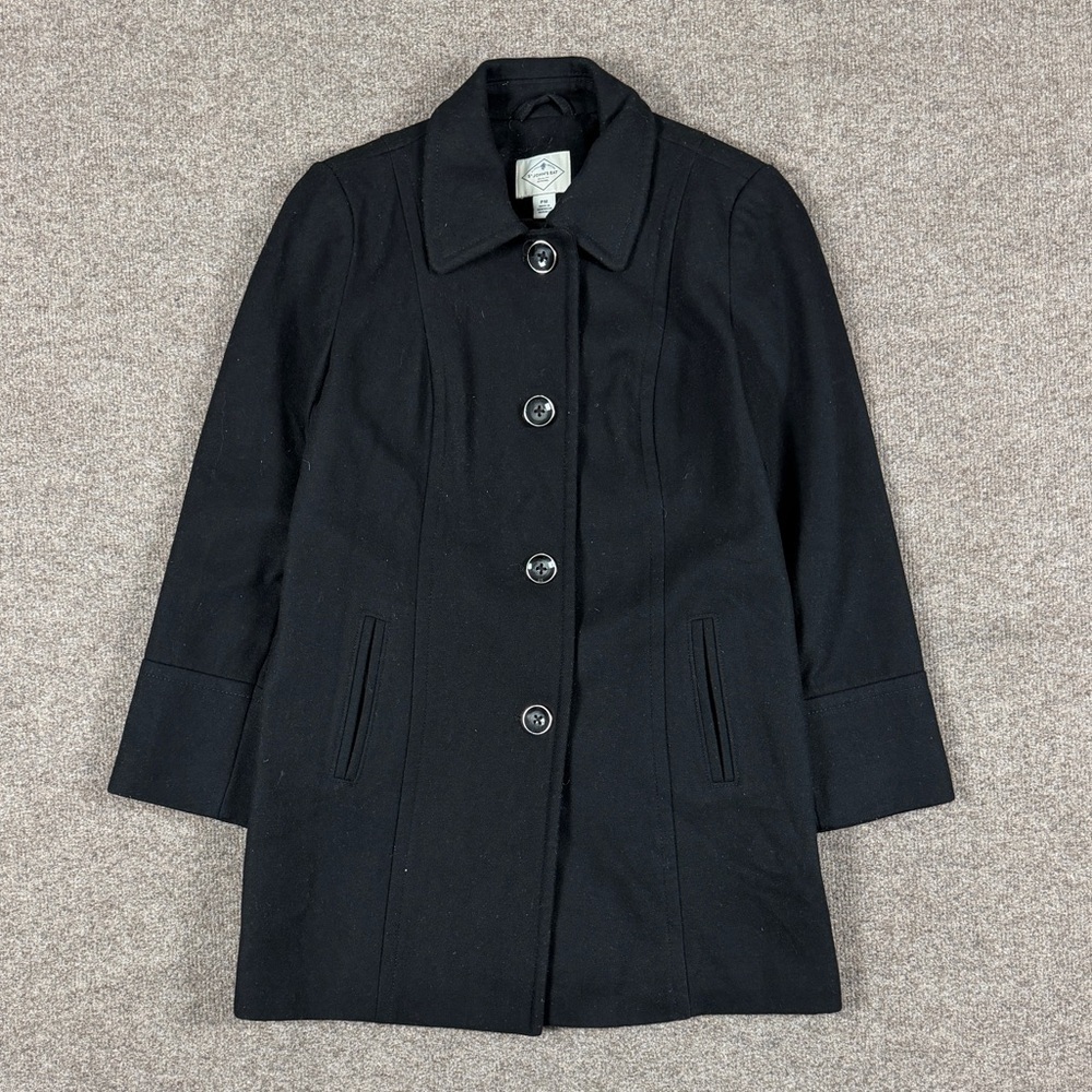 Vintage Black Short Wool Blend Single Breasted Pea Coat Overcoat Womens M Petite